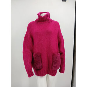 ZARA Fuchsia Alpaca Blend Sweater Faux Fur Pockets Turtle Neck Size S Oversized